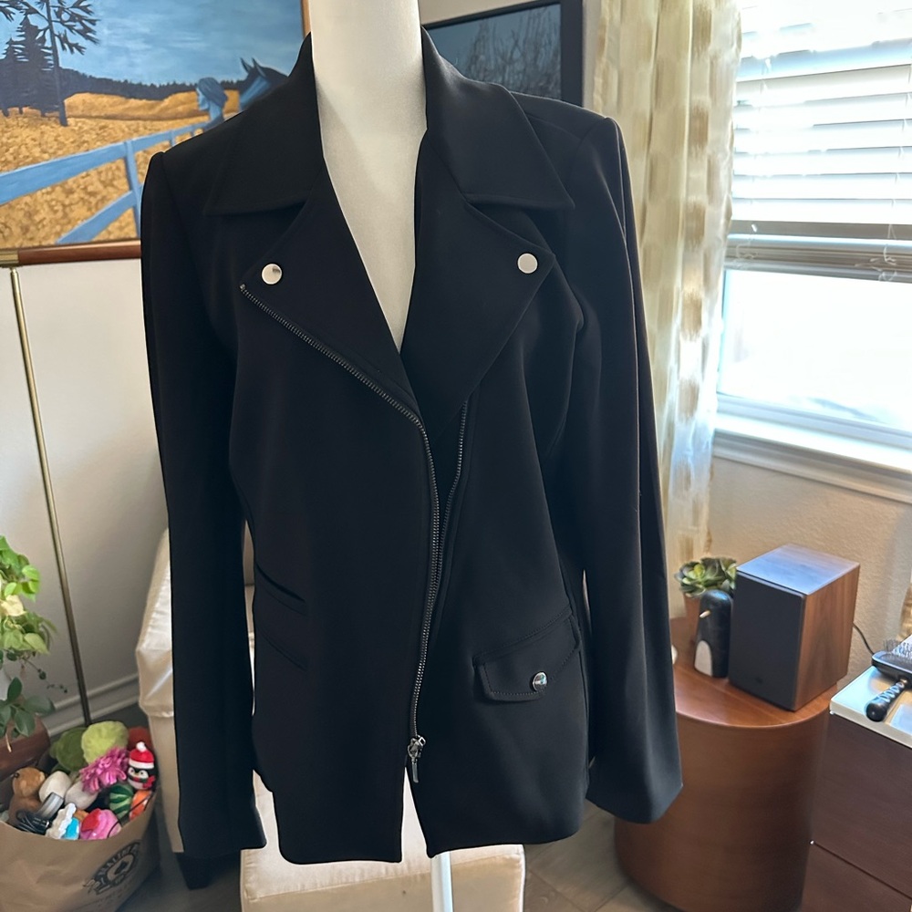 WHBM Black Poly Spandex Zipped Jacket with Silver Accents